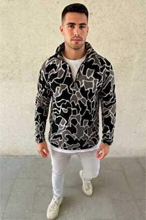 MDB Erkek Yarım Fermuarlı Desenli Polar weat Yakalı, Uzun Kollu, Oversize Rahat Kalıp iyah