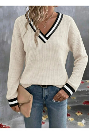 Kadın Uzun Kollu V Yakalı Waffle Bluz