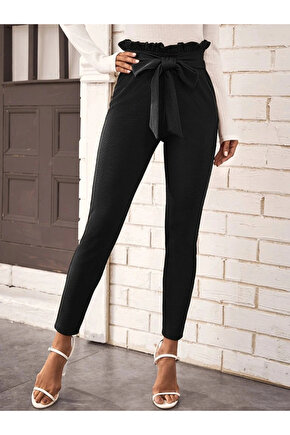Kadın Yüksek Bel Beli Fırfırlı önden Bağlamalı Ithal Krep Pantolon