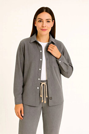 Kadife Oversize Takım – Gömlek Ve Pantolon İkili Set Füme Corduroy Şıklığı, Rahat Ve Zarif Duruş Yum