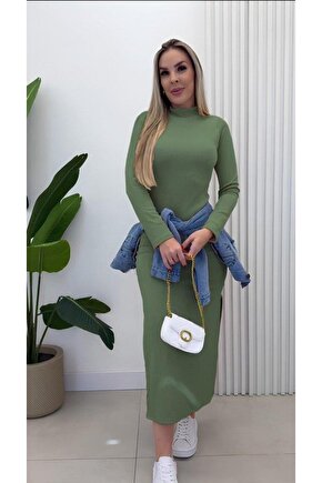 Kadın Uzun Kollu Balıkçı Yakalı Yanlardan Yırtmaçlı Kaşkorse Maxi Elbise