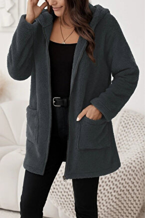 Kadın Uzun Kollu Kapşonlu önden Fermuarlı Cepli Welsoft Ceket