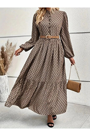 Kadın Uzun Kollu Hakim Yakalı Düğmeli Kemersiz Desenli Maxi Süprem Elbise