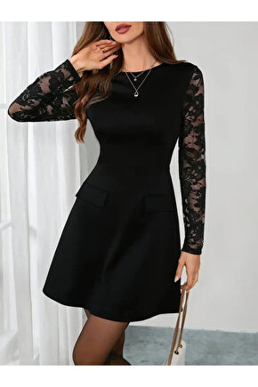 Kadın Uzun Kollu Bisiklet Yaka Kolları Tül Detaylı Mini Ithal Krep Elbise