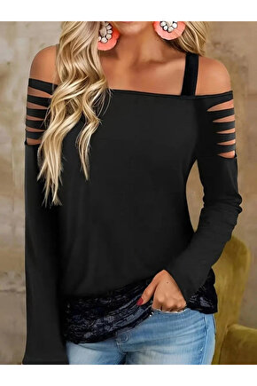Kadın Uzun Lazer Kesik Detaylı Askılı Viskon Iki Iplik Bluz