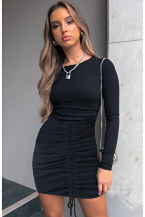 Kadın Uzun Kollu Bisiklet Yaka ön Büzgülü Kaşkorse Elbise