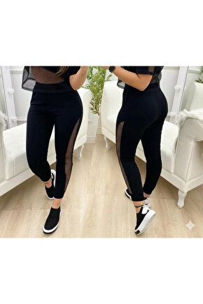 Kadın Yüksek Bel File Detaylı Dar Kesim Viskon Iki Iplik Pantolon