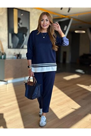 Kadın Uzun Kollu Bisiklet Yaka Ribana Detay Sweat Ve Pantolon Ikili Takım