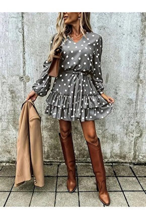 Kadın Uzun Kollu V Yakalı Belden Kuşaklı Puantiyeli Mini Modal Elbise