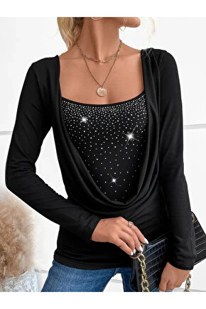 Kadın Uzun Kollu Derin Degaje Yakalı Taşlı Sandy Bluz