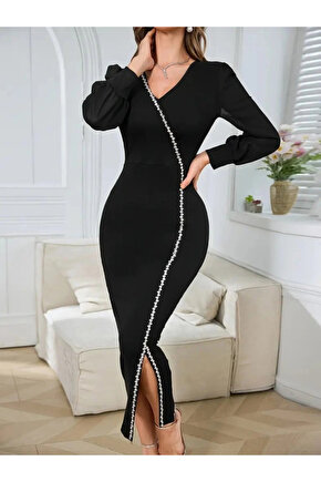 Kadın Uzun Kollu V Yakalı Yırtmaçlı Taşlı Uzun Ithal Krep Elbise