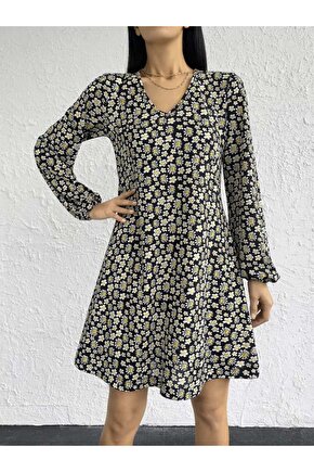 Kadın Uzun Kollu V Yaka çiçek Desenli Helen Kumaş Elbise
