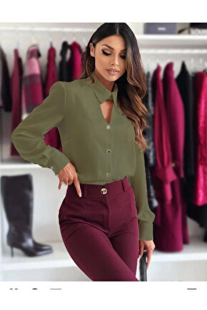 Kadın Dokuma Viskon Kumaş V Yaka Dekolte Ve Metal Düğme Detaylı Gömlek