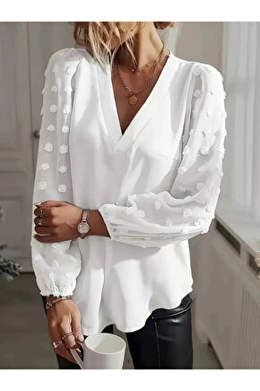Kadın Uzun Kollu V Yakalı Kolları Popon Detaylı Sandy Bluz