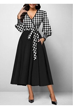 Kadın Uzun Kollu Kruvaze Yaka Dalgıç Krep Midi Boy Elbise