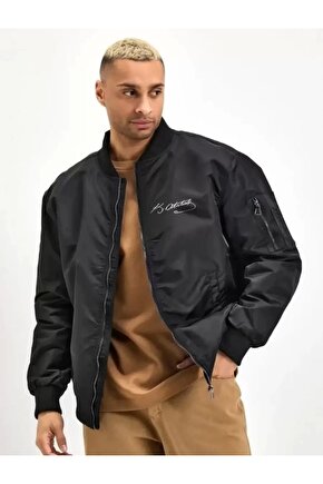 Unisex Uzun Kol Baskılı Bomber Ceket - Siyah