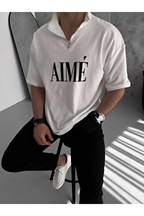 Unisex Yarım Fermuarlı Baskılı T-Shirt - Beyaz