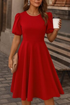 eyesof Kadın Kısa Balon Kollu Bisiklet Yaka Geniş Kesim Janjan Krep Elbise