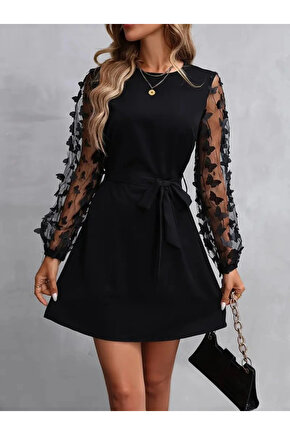 Kadın Uzun Kollu Bisiklet Yaka Kollar Tül Kelebek Detaylı Ithal Krep Elbise