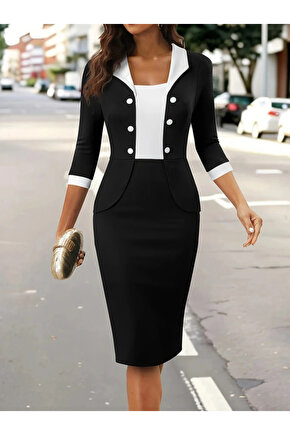 Kadın Truvakar Kol çift Renkli Düğmeli Kısa Ithal Krep Elbise