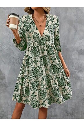 Kadın Uzun Kollu V Yakalı Fırfırlı Mini Süprem Elbise