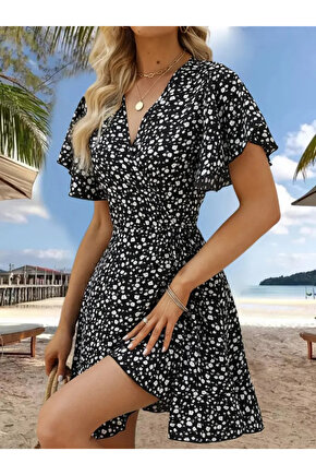 Kadın Kısa Kollu Kolu Ve Eteği Volanlı Fırfırlı çiçek Desenli Mini Elbise