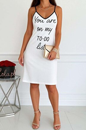Kadın Kolsuz Askılı Sırt çapraz Detay To Do List Baskı Süprem Gecelik Elbise