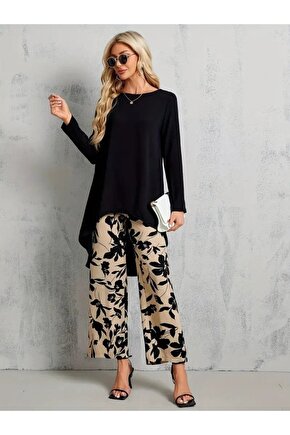 EQURİ Kadın Uzun Kollu Bisiklet Yaka Asimetrik Kesim Detaylı Viskon Bluz Ve çiçek Desenli Iki Iplik