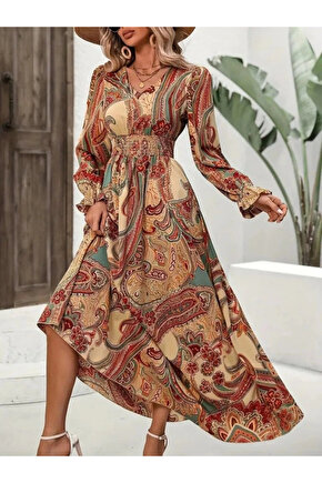 Kadın Uzun Kollu V Yakalı Beli Lastikli Desenli Süprem Elbise