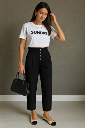 Kadın Yüksek Belli önden Düğmeli Ithal Keten Pantolon