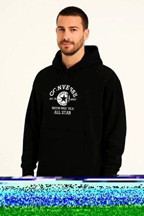 Üç İplik Kapşonlu ön Ve Arka Baskılı SweatShirt Hoodie- Siyah