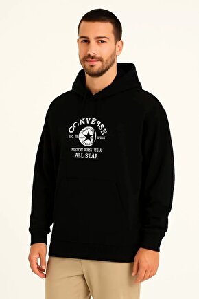 Üç İplik Kapşonlu ön Ve Arka Baskılı SweatShirt Hoodie- Siyah