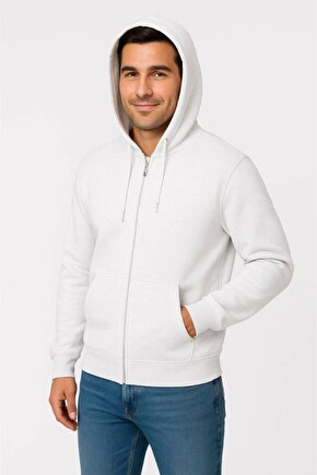 Erkek Üç İplik Kapüşonlu Tam Fermuarlı Kanguru Çepli SweatShirt Hoodie - Beyaz