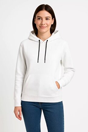 Üç İplik Kapüşonlu Kanguru Çepli SweatShirt Hoodie - Beyaz