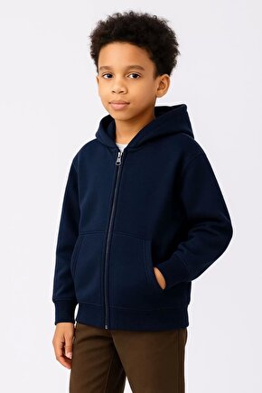 Erkek Çocuk Kapüşonlu Kanguru Çepli Tam Fermuarlı Hırka SweatShirt - Lacivert