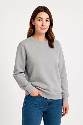 Üç İplik Düz Bisiklet Yaka SweatShirt - Gri