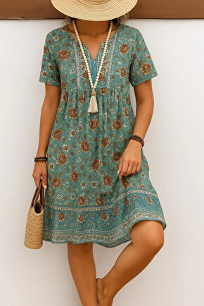 Kadın Kısa Kollu Yakası Bağcıklı önden Düğmeli Fırfır Desenli Süprem Elbise