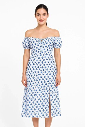 Velmora Bardot Omuzu Acık Çiçek Desenli Elbise - Desenli -VLMR