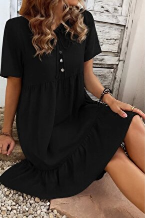 Kadın Kısa Kollu Yakası Bağcıklı önden Düğmeli Fırfır Desenli Süprem Elbise