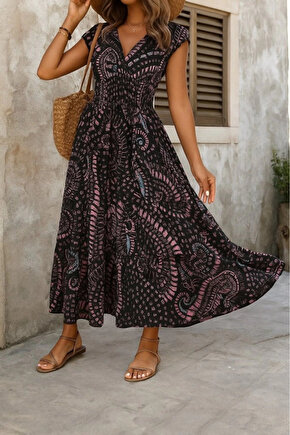 Kadın Kısa Yarasa Kanat Kollu V Yakalı Beli Büzgülü Süprem Elbise