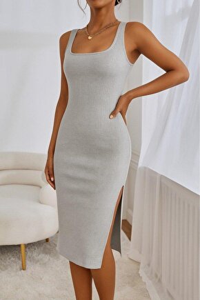 Kadın Askılı Kare Yaka Yandan Yırtmaçlı Midi Kaşkorse Elbise