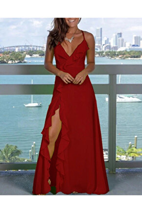 Kadın Ip Askılı Dekolteli Yırtmaç Detay Krep Elbise