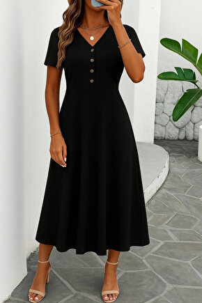 Kadın Kısa Kollu V Yakalı önden Düğmeli Yırtmaçlı Midi Viskon Elbise