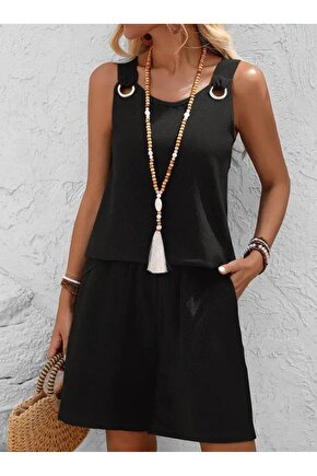 Kadın Askılı Yuvarlak Yaka Kuş Gözü Detaylı Bürümcük Bluz Ve Short Ikili Takım