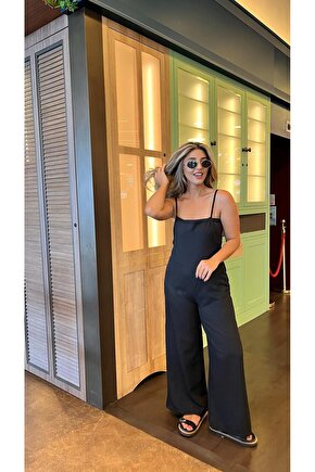 EQURİ Kadın Askılı Yandan Fermuarlı Geniş Paçalı Valencia Tulum