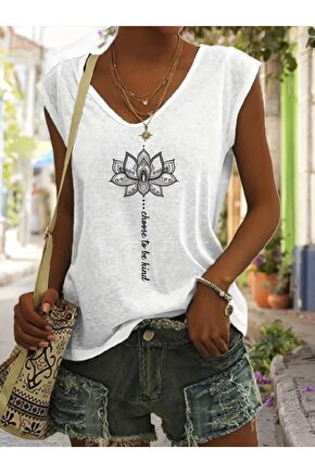 Kadın Kısa Kollu V Yaka önü Desenli Salaş Viskon Bluz