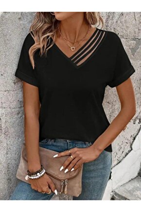 Kadın Kısa Kollu V Yakalı şerit Detaylı Viskon Bluz