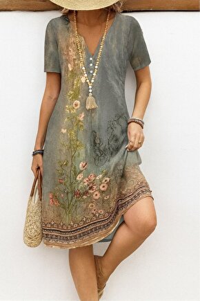 eyesof Kadın Kısa Kollu V Yakalı Desenli Süprem Elbise