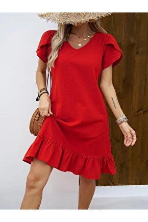 Kadın Kısa Kollu Bisiklet Yaka Fırfırlı Aerobin Elbise