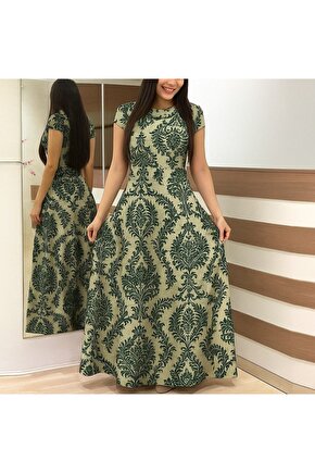 eyesof Kadın Kısa Kollu Bisiklet Yaka Puantiyeli Maksi örme Krep Elbise